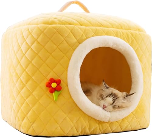 Katzenbetten Für Hauskatzen, Faltbare Katzenbetthöhle, Katzenhaus Mit Waschbaren Kissen, Katzenbett Für Kätzchen, Kleine Haustiere, Katzenzelt, Weiches Und Warmes Katzenhaus Für Drinnen (Color : Gelb von HEXEH