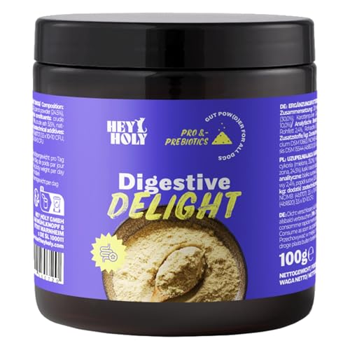 HEY HOLY Premium Digestive Delight | Darmkur für Hunde als Pulver | 100g Probiotika und Präbiotika für die Magen Darmflora & Verdauung des Hundes | Hochverträglich aus natürlichen Zutaten von HEY HOLY