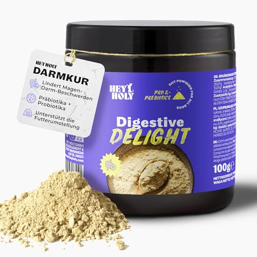 HEY HOLY Premium Digestive Delight | Darmkur für Hunde als Pulver | 100g Probiotika und Präbiotika für die Magen Darmflora & Verdauung des Hundes | Hochverträglich aus natürlichen Zutaten von HEY HOLY