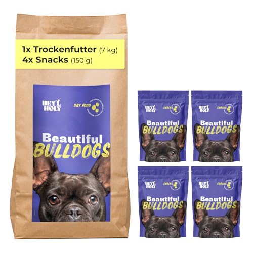 HEY HOLY Set 7 kg Premium Trockenfutter & 1 x 150 g Snacks für Bulldoggen 100% getreidefrei | Hundefutter & Leckerlis für ausgewachsene Bulldoggen mit Lachs | Hochverträglich aus natürlichen Zutaten von HEY HOLY