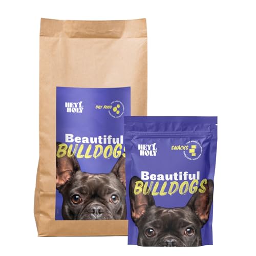 HEY HOLY Set 7 kg Premium Trockenfutter & 150 g Snacks für Bulldoggen 100% getreidefrei | Hundefutter & Leckerlis für ausgewachsene Bulldoggen mit Lachs | Hochverträglich aus natürlichen Zutaten von HEY HOLY