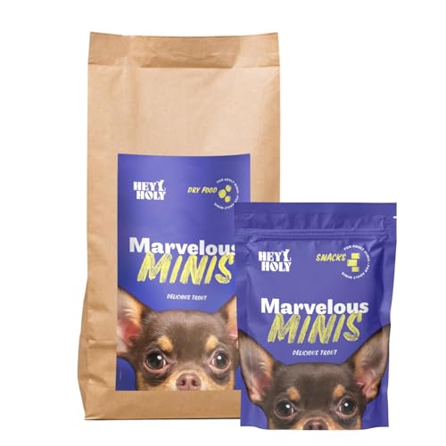 HEY HOLY Set 7 kg Premium Trockenfutter & 4 x 150 g Snacks für Minis 100% getreidefrei | Hundefutter & Leckerlis für ausgewachsene Minis mit Forelle | Hochverträglich aus natürlichen Zutaten von HEY HOLY