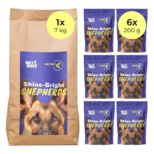 HEY HOLY Set 7 kg Premium Trockenfutter & 150 g Snacks für Schäferhunde 100% getreidefrei | Hundefutter & Leckerlis für ausgewachsene Schäferhunde mit Ente | Hochverträglich aus natürlichen Zutaten von HEY HOLY