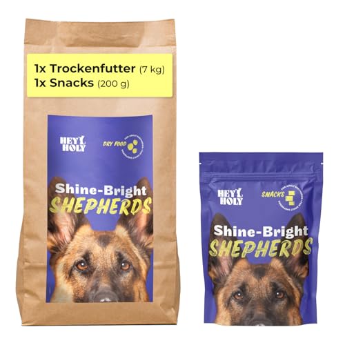 HEY HOLY Set 7 kg Premium Trockenfutter & 6 x 200g Snacks für Schäferhunde 100% getreidefrei | Hundefutter & Leckerlis für ausgewachsene Schäferhunde mit Ente | Hochverträglich aus natürlichen Zutaten von HEY HOLY