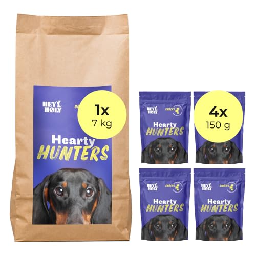 HEY HOLY Set 7 kg Premium Trockenfutter & 4X 150 g Snacks für kleine Jagdhunde 100% getreidefrei | Hundefutter & Leckerlis für ausgewachsene Hunde mit Rind | Hochverträglich aus natürlichen Zutaten von HEY HOLY