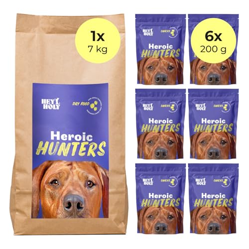 HEY HOLY Set 7 kg Trockenfutter & 6 x 200 g Snacks für große Jagdhunde 100% getreidefrei | Hundefutter & Leckerlis für ausgewachsene große Jagdhunde mit Ente | Hochverträglich aus natürlichen Zutaten von HEY HOLY