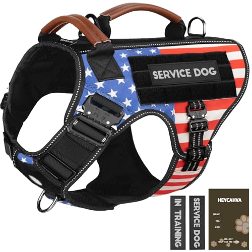 Service Dog Vest – HEYCAHVA Taktisches Hundegeschirr, Vollmetallschnallen, Hundeweste für große und mittelgroße Hunde, reflektierend, kein Ziehen, Hundegeschirr mit Ledergriff, Klettverschluss für von HEYCAHVA