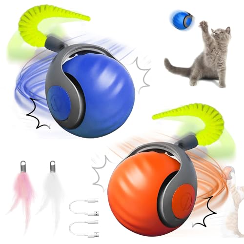 Interaktiver Spielball mit Schwanz für Katzen, 2 PCS Interaktiver Spielball für Katzen,Interaktiver Ball Katze,Katzenspielzeug Elektrisch Ball Interaktiv,360° Rolling Smart Ball FüR Katzen Und Hunde von HEYIDAMAI