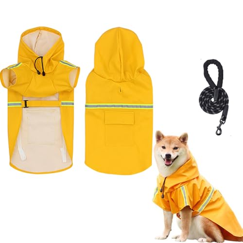 Regenjacke Hund Wasserdicht,Regenjacke Hund,Hunde Regenmantel Klein,Regenmantel für Hunde mit Kapuze,Imperméable et respirant, livré Avec UNE laisse DE 1,5 m für alle Rassen, klein und groß,Gelb L von HEYOUTH