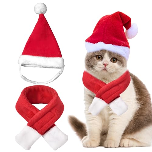 Katzen Weihnachtsmütze Und Schal, Katzen Mütze Deko Weihnachts Outfit, Weihnachten Kleidung Für Klein Katze, Weihnachtsmann-Mütze, Schal, Weihnachtskostüm Für Katzen,Katzenbekleidung von HFMYGS