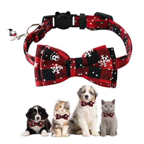 Weihnachten Halsband Hund Katze, Weihnachtshalsband, Hundehalsband Weihnachten mit Abnehmbar Schleife, Halsbänder mit Fliege Weihnachts, Kariertes Kostüm Hundehalsband für Katzen und Welpen(Rot) von HFMYGS