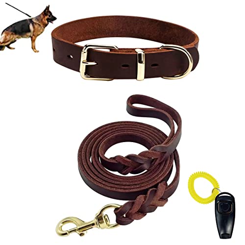 HGMOMO 2.3m Lange Leder-Hundeleine und Halsband,weiches,verstellbares Hundehalsband und Starke,geflochtene robuste Leine,Set mit Hundetrainingspfeifen für kleine,mittelgroße und große Hunde (L,Set) von HGMOMO