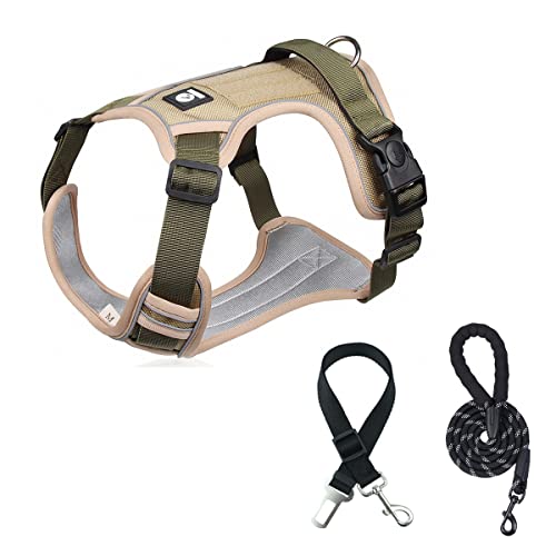 HGMOMO Hundegeschirr Leine Pet No Pull Reflective Adjustable No Choke Hundeweste mit Easy Control Leine und Auto Safe Belt für kleine, mittlere und große Hunde(Khaki, XL) von HGMOMO