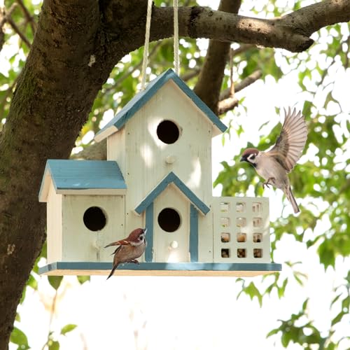 Vogelfutterstation und Vogelhaus, Vogelhäuser für den Außenbereich, aus Holz, zum Aufhängen im Freien, 3 Löcher, handgefertigt, Dekoration, Kolibrihaus für draußen von HHWODB