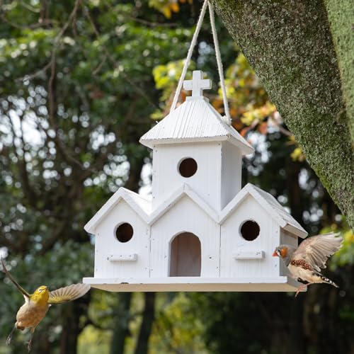 Vogelhaus, Vogelhaus für draußen, 4 Löcher Vogelhäuser zum Aufhängen im Freien, handgefertigtes natürliches Vogelhaus für Innenhof/Hinterhof/Terrassen-Dekoration, Ruheplatz für Vögel, großes Vogelhaus von HHWODB