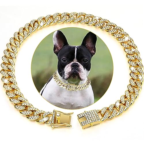 Goldene Hundekette, kubanisches Diamant-Halsband, goldfarben, Metallkette mit Design, sichere Schnalle, kubanischer Kristall, Schmuck, Halsband, Zubehör für Hunde und Katzen (Gold, 20,3 cm) von HIAOCEEY