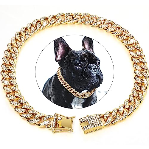 Goldene Hundekette, kubanisches Diamant-Halsband, goldfarben, Metallkette mit Design, sichere Schnalle, kubanischer Kristall, Schmuck, Halsband, Zubehör für Hunde und Katzen (Gold, 61 cm) von HIAOCEEY