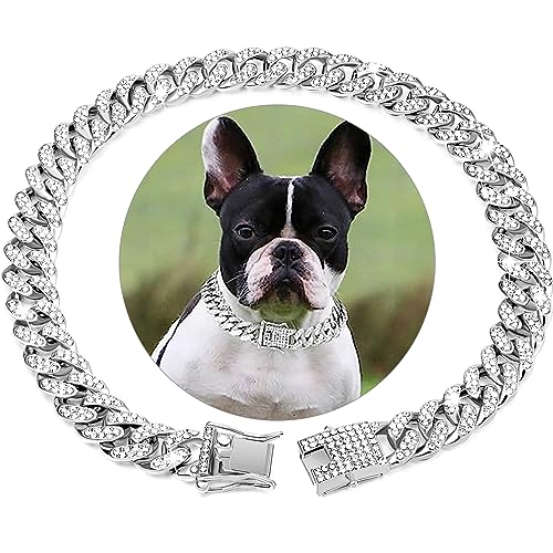 Silberne Hundekette mit Diamanten, kubanisches Halsband, Spazierengehen, silberfarben, Metallkette mit Design, sichere Schnalle, kubanischer Kristall, Schmuck, Halsband, Zubehör für Hunde und Katzen von HIAOCEEY