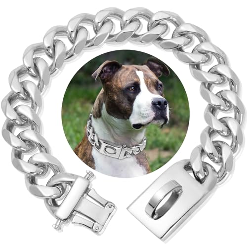 Strapazierfähiges silberfarbenes Hundehalsband, Edelstahl, Metallketten, Halsbänder, 19 mm breit, kubanische Glieder, stark, kaufest, für mittelgroße und große Hunde (65 cm, Silber) von HIAOCEEY