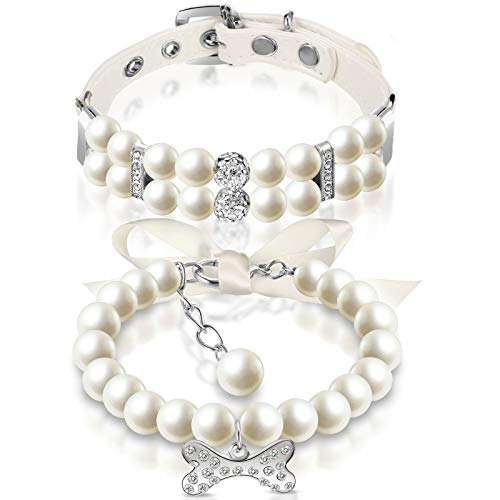 HICARER 2 Stücke Hund Perle Halsband und Haustier Perle Halskette Set Hund Leder Perle Halsband mit Kristall Strass Katze Perle Tragegurt für Hunde Katzen Welpen Kätzchen (S) von HICARER