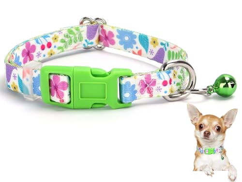 Hundehalsband mit Glöckchen, niedliches grünes Hundehalsband mit Sommerfrühlingsblumen für Welpen, verstellbar, weiches Nylon, Haustierhalsbänder mit Schnalle für kleine Hunde, XS, kleine Hunde und von HIDAKEAI