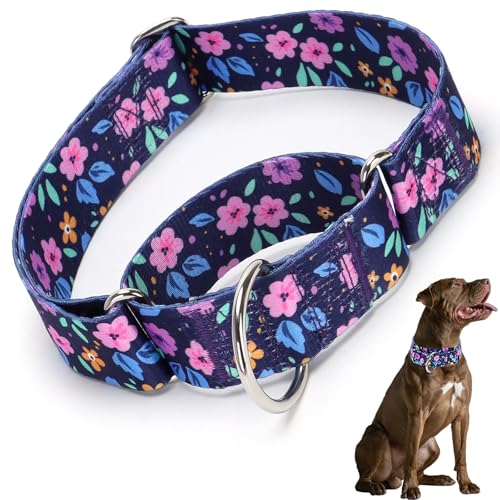 Martingale-Halsband für Hunde, 3,8 cm breit, ausbruchsicher, langlebig und bequem, kein Ziehen, Haustierhalsband für mittelgroße und große XL-Rassen (Blumen, M) von HIDAKEAI