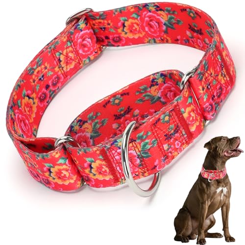 Martingale-Halsband für Hunde, 3,8 cm breit, ausbruchsicher, langlebig und bequem, kein Ziehen, Haustierhalsband für mittelgroße und große XL-Rassen (rote Blumen, L) von HIDAKEAI