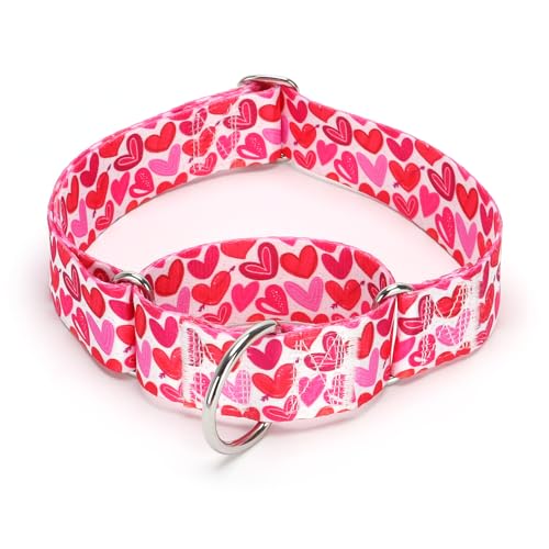 Martingale-Halsband für Hunde, 3,8 cm breit, langlebig und bequem, Herzmuster, kein Ziehen, Haustierhalsband für mittelgroße und große Hunde (rosa Herz, L) von HIDAKEAI