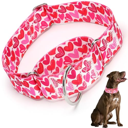 Martingale-Halsband für Hunde, 3,8 cm breit, langlebig und bequem, Herzmuster, kein Ziehen, Haustierhalsband für mittelgroße und große Hunde (rosa Herz, XL) von HIDAKEAI