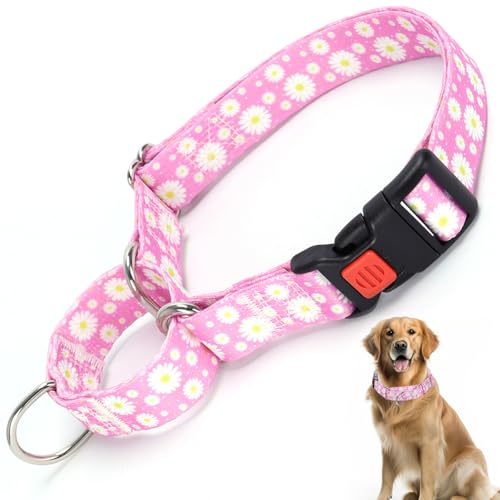 Martingale Hundehalsband für kleine, mittelgroße und große Hunde, verstellbare Sicherheitsschnalle, Hundehalsband mit Gänseblümchen, Spaziergangstraining, Jungen und Mädchen, Hot Pink, L von HIDAKEAI