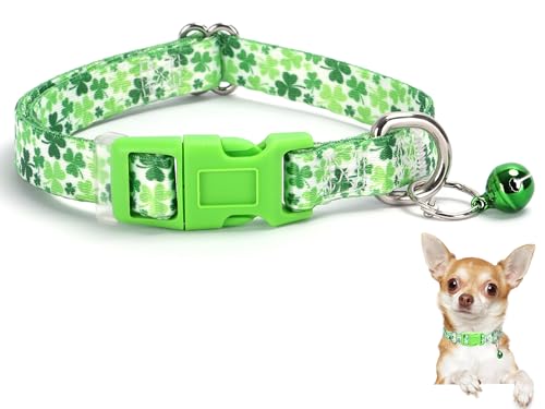 Welpen-Hundehalsband mit Glöckchen, Jungen-Hundehalsband mit irischem grünem Kleeblatt-Design, verstellbares, strapazierfähiges Nylon-Halsband mit Schnellverschluss-Schnalle für kleine Hunde, XS, von HIDAKEAI