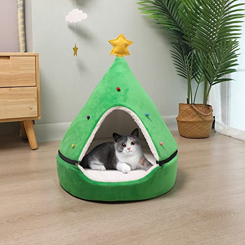 HIFUAR Weihnachtsbaum Katzenzelt Selbstwärmend 2 in 1 Haustierhaus Höhle Bett für kleine Hunde Xmas Kätzchen Hütte Versteck Grün von HIFUAR