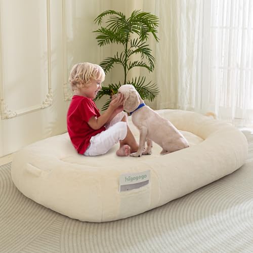 HIGOGOGO Hundebett für Kinder, 144,8 x 89,9 x 19,8 cm, ultimativer Komfort, Kunstfell, ideal für große Haustiere und Erwachsene, Beige von HIGOGOGO