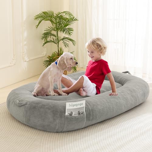 HIGOGOGO Hundebett für Menschen, 144,8 x 89,9 x 19,8 cm, Komfort-Kunstfell, Kleinkind-Bodenbett, ideal für große Haustiere und Jugendliche, Grau von HIGOGOGO