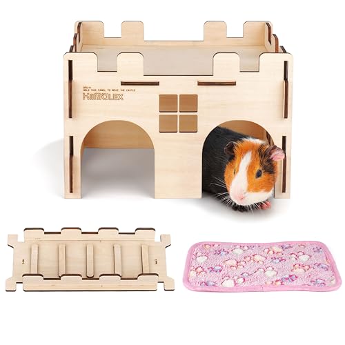 hiimalex Hamsterschloss Haus aus Holz mit Rampe und Plüsch Bettwäsche für Chinchilla Meerschweinchen Igel Rennmäuse Hamster Ratte Langlebige Lebensräume zum Spielen und Verstecken von HIIMALEX