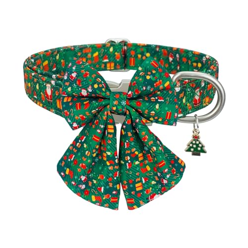 HIIXHC Weihnachts-Hundehalsband mit Fliege, weich, verstellbar, Haustierhalsbänder mit sicherer Metallschnalle, Grün, Weihnachtsmann, Schneemann, Halsband für kleine, mittelgroße und große Hunde, L von HIIXHC
