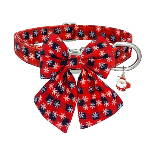 HIIXHC Weihnachtshundehalsband mit Fliege, weich, verstellbar, Haustierhalsbänder mit sicherer Metallschnalle, rot kariert, Weihnachts-Schneeflocken-Halsband für kleine, mittelgroße und große Hunde, M von HIIXHC