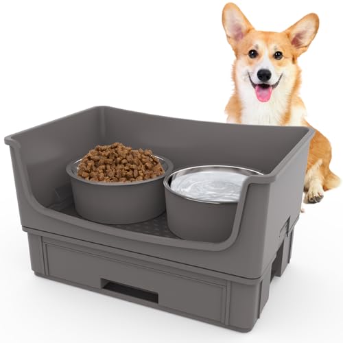 HIKINGO Hundenäpfe Unordnung Proof Pet Feeder, Hund Futter und Wasser Schüssel Set mit 2 Edelstahlnäpfen, Kein Verschütten Hundenapf für Hunde Katzen und andere Haustiere von HIKINGO