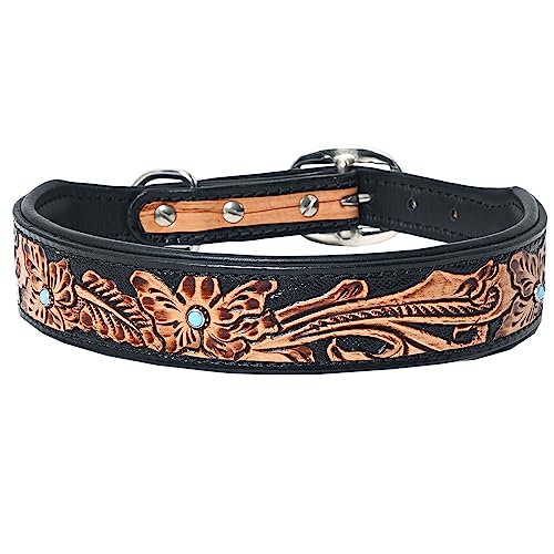 HILASON Hundehalsband aus echtem Leder, handgefertigt, Blumenmuster, Größe L, Schwarz von HILASON