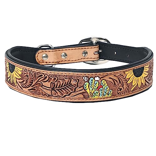 HILASON Hundehalsband aus echtem Leder, handgefertigt, Sonnenblumen-Design, Größe M, Braun von HILASON