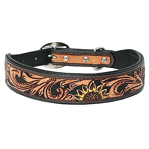 HILASON Hundehalsband aus echtem Leder, handgefertigt, Sonnenblumen-Design, Schwarz/Braun, Größe M von HILASON