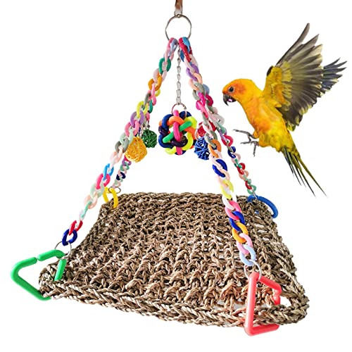 HINAA Parrot Toys Seegras Hängematte Papageien Sitzstangen Kletternetz Vogel Futtersuche Klettern Schaukel Spielzeug für Papageien, Sittiche, Kakadus, Wellensittiche, Huhn, Kornurs von HINAA