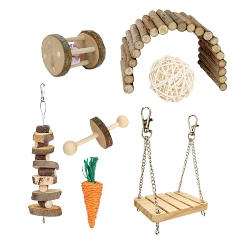 HIOPOIUYT Hamster Spielzeug Set Mit Wippe Handgewebtes Rattan Spielzeug Holzbrücke Schaukelspielzeug Papagei Kletterspielzeug Kleintier Spielset 8 Stück von HIOPOIUYT