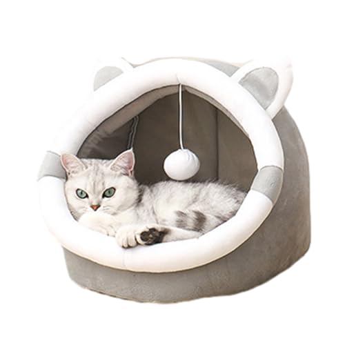 HIOPOIUYT Katzenbett mit Teaserball, Katzennest, dickes Kissen, rutschfestes, warmes, halb geschlossenes Bett von HIOPOIUYT