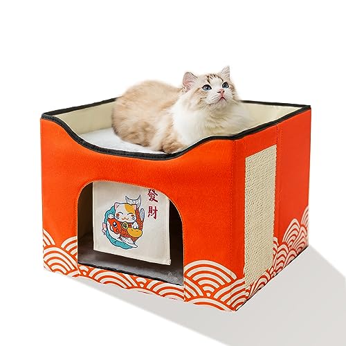 HIPIPET Katzenbett für Wohnungskatzen, großes Katzenhöhle mit Kratzpad, Doppel-Katzenhütte für zwei Katzen, Orange von HIPIPET