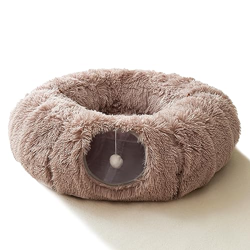 HIPIPET Winter-Plüsch-Katzentunnel mit Katzenbett für Hauskatzen, multifunktionales Katzenspielzeug für kleine, mittelgroße und große Katzen, Hellbraun von HIPIPET