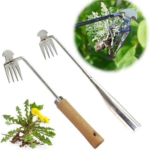 HIQIU Unkraut Artefakt Entwurzelung Unkraut Werkzeug, Stahl Unkraut Puller, 4 Zähne Dual Purpose Unkraut, für Garten Yard Farm Unkraut Entfernung (Holzgriff) von HIQIU