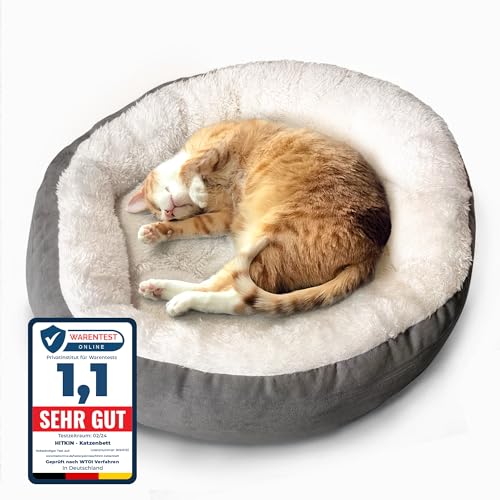 HITKIN Rundes Katzenbett flauschig - Ø 50 cm Katzenkissen – Waschbarer Katzenkorb – Rutschfestes Katzen Zubehör – Weiches Katzensofa – Cat Bed von HITKIN