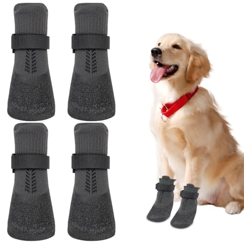 HIULLEN Hundeschuhe Pfotenschutz, 4 Stück Anti-Rutsch Hundesocken, Atmungsaktiv Hundestiefel, wasserdichte Hunde Schuhe Outdoor mit verstellbarem Riemen und Rutschfester Gummisohle(Schwarz) von HIULLEN