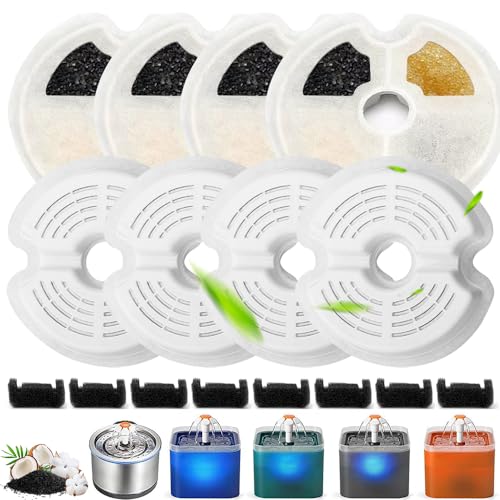 HIULLEN Katzenbrunnen Filter, 8 Stück Trinkbrunnenfilter für Katzenbrunnen Ersatzfilter, Filter Katzenbrunnen mit Dreischicht Filtersystem Aktivkohle Naturharzen für 67oz/2L LED Katzenbrunnen von HIULLEN